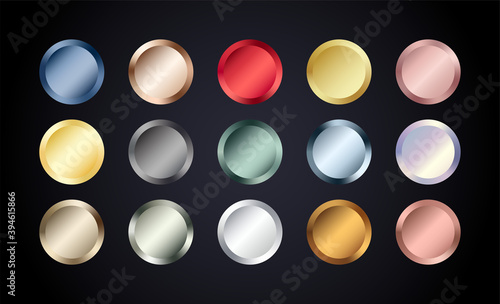 Metal chrome circle buttons set. Vector Metallic rose gold, bronze, silver, steel, holographic, golden badge. Foil shiny color design elements for background, web, apps
