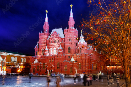 Historical museum in Moscow, Russia on red square with Christmas decorations