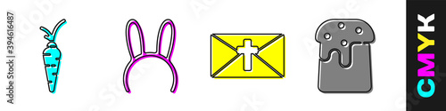 Set Carrot, Mask with long bunny ears, Greeting card with Happy Easter and Easter cake icon. Vector.
