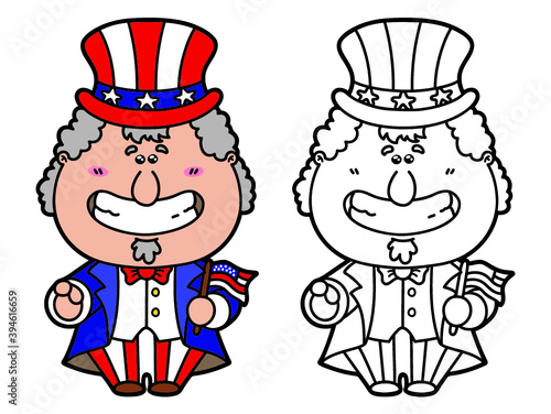 Vector illustration coloring page of happy cartoon Uncle Sam which is holding American flag for children and scrap book