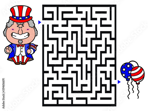Vector illustration of labyrinth game with cute Uncle Sam for children