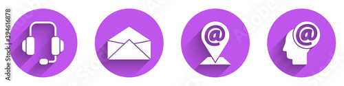 Set Headphones, Envelope, Location and mail and e-mail and Mail and e-mail icon with long shadow. Vector.