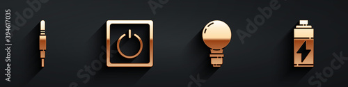 Set Audio jack, Electric light switch, Light bulb with concept of idea and Battery icon with long shadow. Vector.