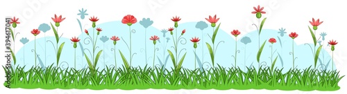 Blooming meadow with grass and flowers. Sky. Cartoon just style. Isolated on white background. Romantic fabulous illustration. Vector