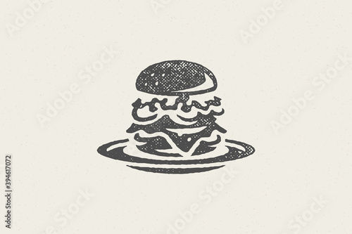 Burger silhouette as logo fast food service hand drawn stamp effect vector illustration.