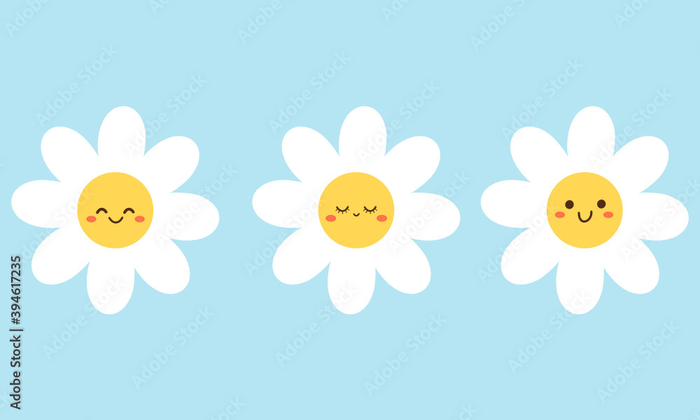 Daisy flower with cute face on blue background vector illustration. Pretty cartoon character. Stock Vector | Adobe Stock Daisy flower with cute face on blue background vector illustration. Pretty cartoon character. Stock Vector | Adobe Stock