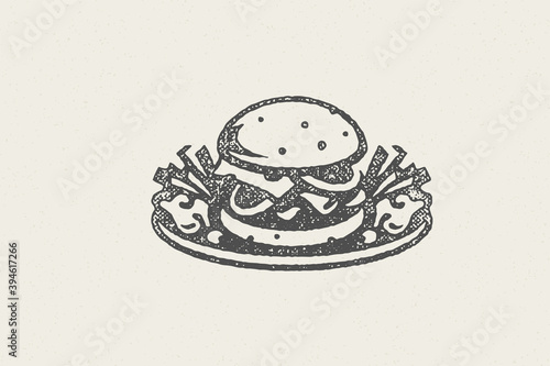Vector image of burger and fries on plate