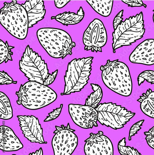 Vector doodle seamless pattern with strawberries for wallpaper, web page background, surface textures, textile, scrap book, design fabric, menu