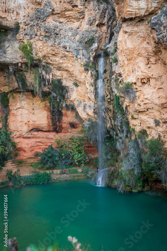 Top view of Turche cave and waterfall in Valencia, vertical composition