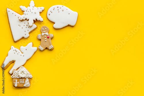 Christmas cookies with gingerbread men, top view, flat lay
