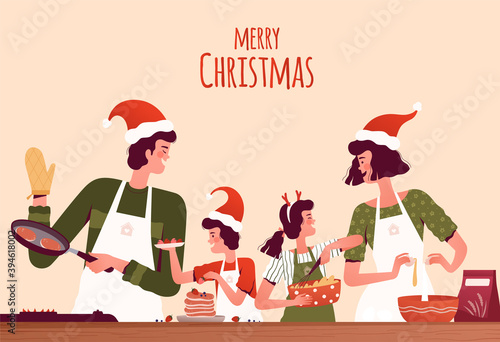 Happy family in santa hats preparing breakfast together for Christmas. Parents and children spend time cooking