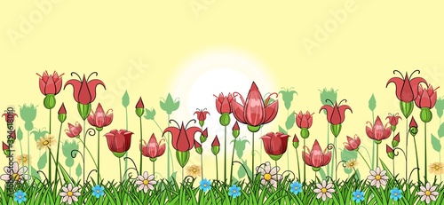 Blooming meadow with grass and flowers. Sky. The sun is on the horizon. Scenery. Cartoon style. Romantic fabulous illustration. Beautiful natural view. Wild plant nature. Rural scene. Vector
