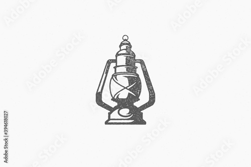 Silhouette of retro lantern designed as symbol travel and nature exploration hand drawn stamp effect vector illustration
