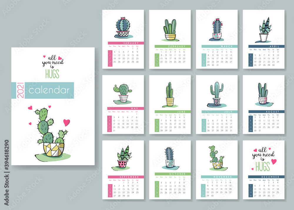 Calendar 2021 in minimalistic style. Cute cactuses in scandinavian style. Week Starts on Sunday. Set of 12 Months calendars. Great for kids, nursery, poster, print