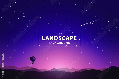 sunrise with mountain view and hot air balloon