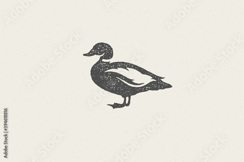 Canvas-taulu Black duck silhouette for animal husbandry industry hand drawn stamp effect vector illustration