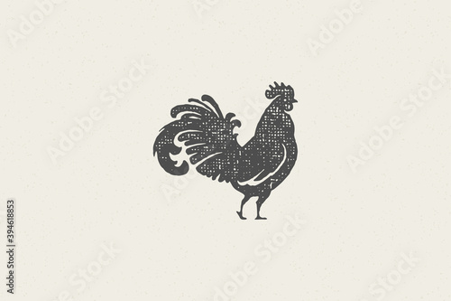 Rooster silhouette for poultry farm industry hand drawn stamp effect vector illustration.