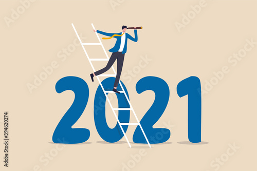 Year 2021 business outlook, vision to see the way forward, forecast, prediction and business success concept, businessman leader using telescope to see vision on top of ladder above year 2021 number.