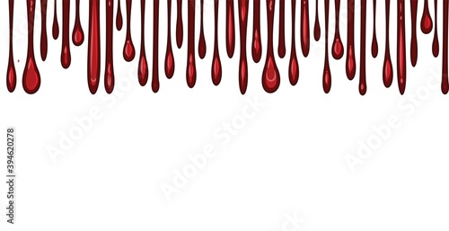 Red streaks of liquid. Cherry, plum or strawberry jam. Red paint runs off thickly. Custard. The drops slide. The isolated object on a white background. Frame. Vector