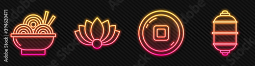 Set line Chinese Yuan currency, Asian noodles in bowl, Lotus flower and Chinese paper lantern. Glowing neon icon. Vector.
