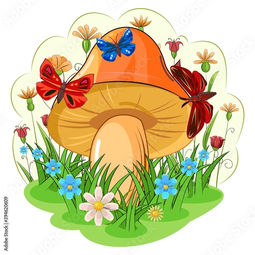 Orange mushroom on the background of a blooming meadow and butterflies. Cartoon flat style. Landscape. Wildflowers and grass. Isolated on white. Beautiful little forest mushroom. Vector