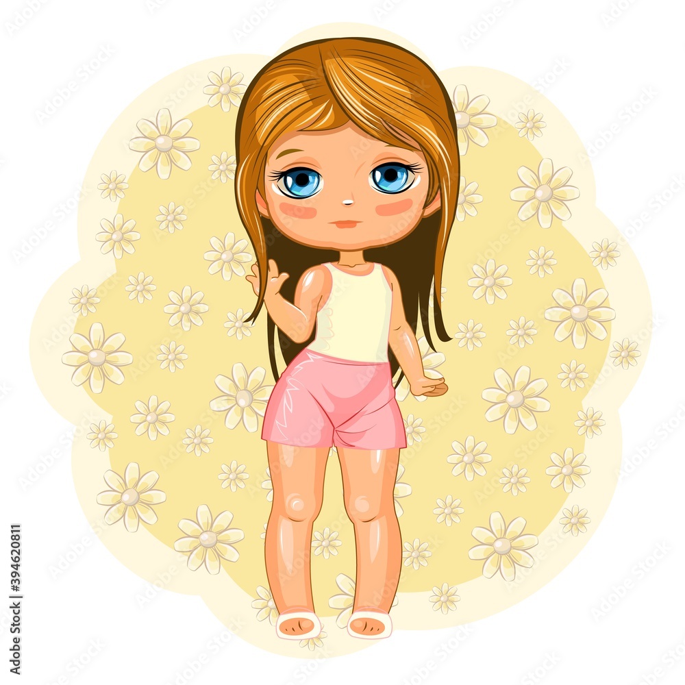 A cute little girl in shorts and a T-shirt. Cheerful funny child in a good mood. The isolated object on a white background. Young baby. Cartoon flat style. Flowers. Vector A cute little girl in shorts and a T-shirt. Cheerful funny child in a good mood. The isolated object on a white background. Young baby. Cartoon flat style. Flowers. Vector