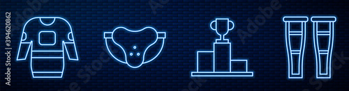 Set line Hockey over sports winner podium, Hockey jersey, Protective sport jockstrap, Crutch or crutches and Hockey puck. Glowing neon icon on brick wall. Vector.