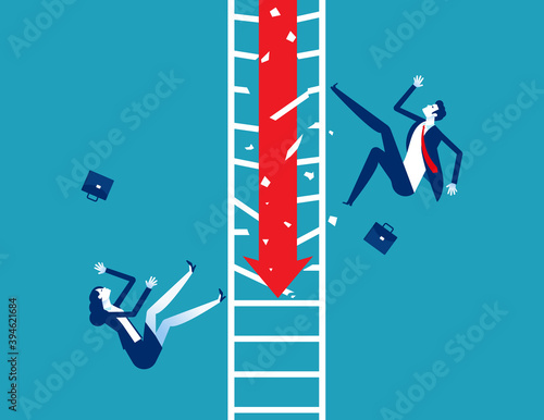 Business team accidentally fell from the broken ladder. Arrow down