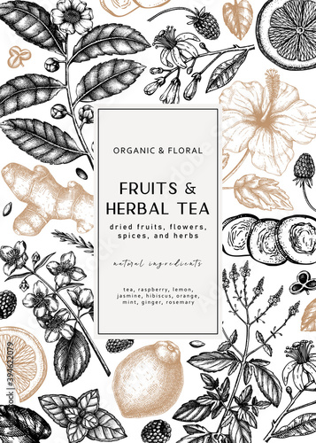 Vintage card design with hand-drawn herbal. Vector herbs, leaves, flowers, fruits hand drawings background. Perfect for recipe, menu, label, packaging. Herbal tea template. Botanical drawings