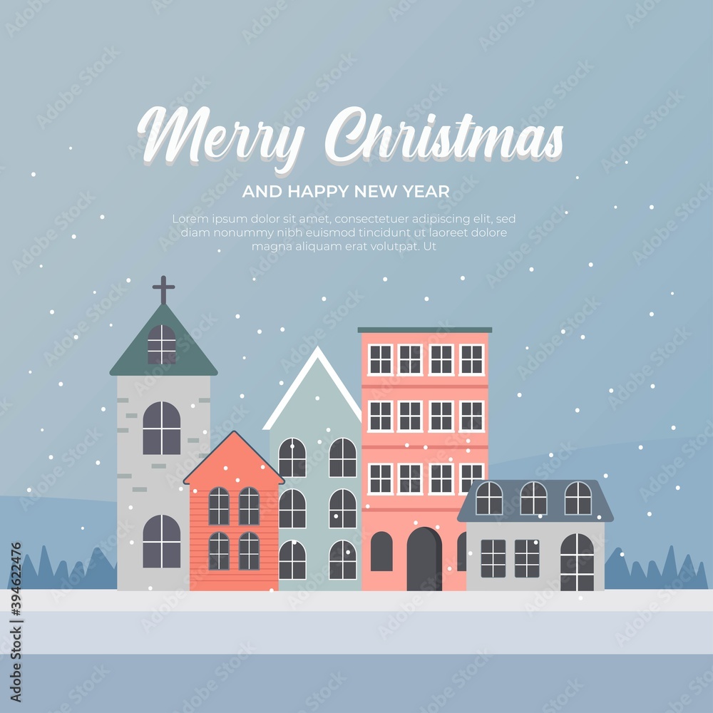 Fototapeta Merry Christmas, Happy New Year greeting card with text. Winter townscape with houses and snow