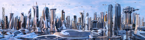 Future city skyline panorama 3D scene. Futuristic cityscape creative concept illustration: skyscrapers, towers, tall buildings, flying vehicles. Panoramic urban view of megapolis town, sky background