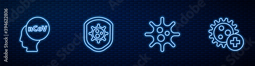 Set line Virus, Corona virus 2019-nCoV, Shield protecting from and Positive. Glowing neon icon on brick wall. Vector.