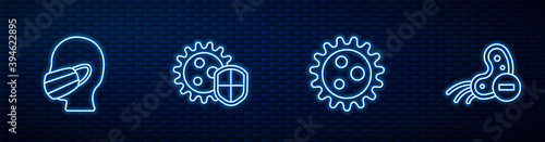 Set line Virus, Face in a medical protective mask, Shield protecting from virus and Negative. Glowing neon icon on brick wall. Vector.