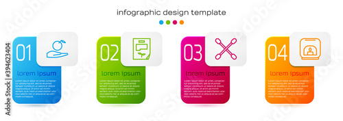 Set line Apple in hand, Leaf document, Cotton swab for ears and Aroma lamp. Business infographic template. Vector.