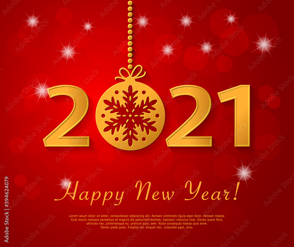 Happy New Year 2021 design with golden christmas ball with snowflake.