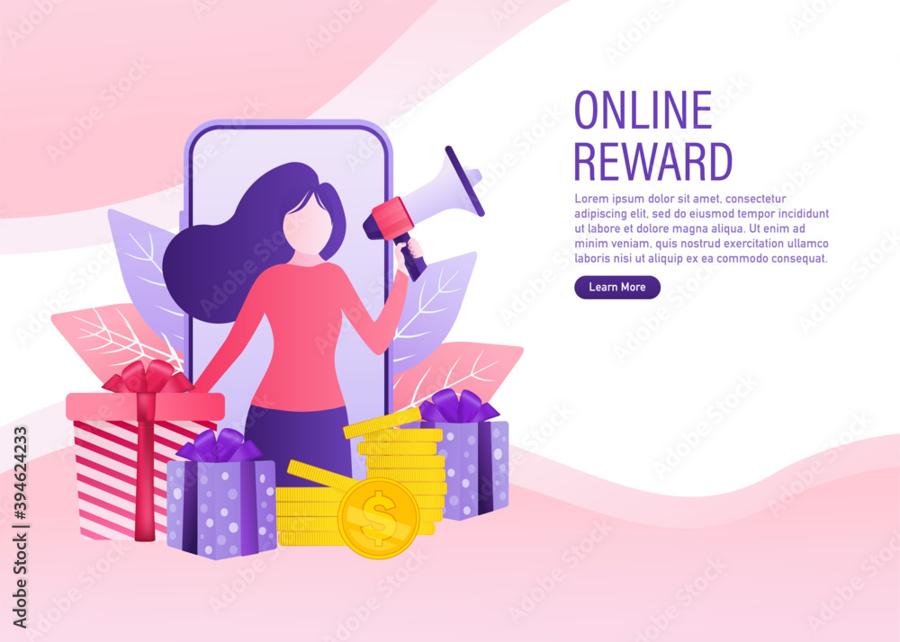Online reward Vector flat design. Flat isometric vector illustration. Group of happy people receive a gift box illustration concept.