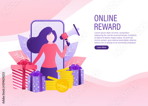 Online reward Vector flat design. Flat isometric vector illustration. Group of happy people receive a gift box illustration concept.
