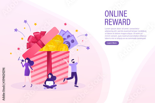 Online reward Vector flat design. Flat isometric vector illustration. Group of happy people receive a gift box illustration concept.