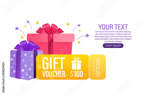 3d advertising with gift voucher presents people for concept design. Sale, discount, special offer concept. Modern gift voucher presents people, great design for any purposes. Vector illustration.