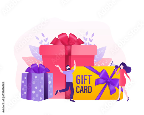 3d advertising with gift voucher presents people for concept design. Sale, discount, special offer concept. Modern gift voucher presents people, great design for any purposes. Vector illustration.