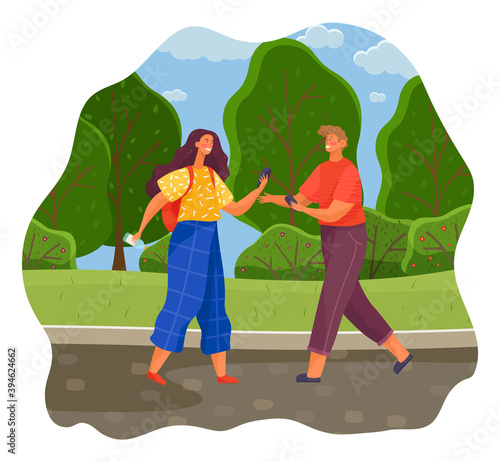 People meet in the park and exchange phone numbers. Girl with backpack and bottle of water, guy holds smartphone. Summer park, green trees, bushes, country road. Friends communicate outside home