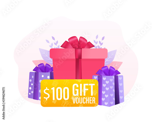 3d advertising with gift voucher presents people for concept design. Sale, discount, special offer concept. Modern gift voucher presents people, great design for any purposes. Vector illustration.