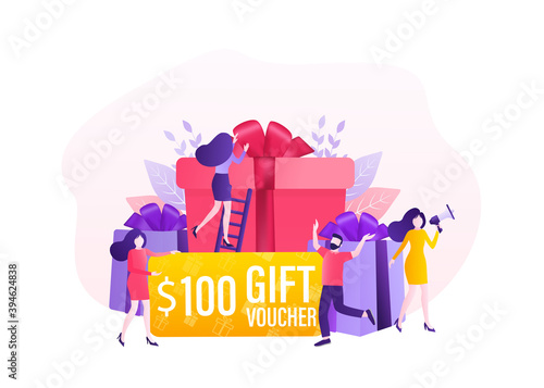 3d advertising with gift voucher presents people for concept design. Sale, discount, special offer concept. Modern gift voucher presents people, great design for any purposes. Vector illustration.