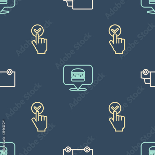 Set line Fast delivery by car, Online ordering and and burger on seamless pattern. Vector.