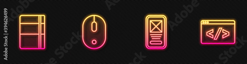 Set line UI or UX design, Sketchbook album, Computer mouse and Front end development. Glowing neon icon. Vector.
