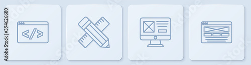 Set line Front end development, UI or UX design, Crossed ruler and pencil and . White square button. Vector.