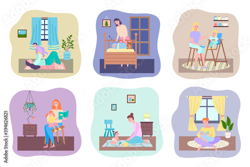 Mother and baby, playing with son lying on floor on carpet, mom looking at sleeping baby in crib, young woman feeding her daughter, mother reading book to girl, playing with toys, feeding from bottle