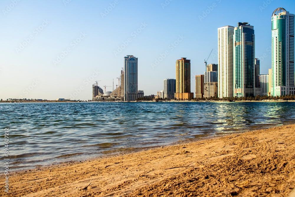 Naklejka premium Waterfront in Al Khan area of Sharjah Emirate. UAE.