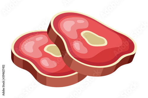 Slices of meat on bone. Beef slice delicious food. Protein source. Lean red meat, veal icon in flat style isolated on white background illustration. Useful products when breastfeeding a child