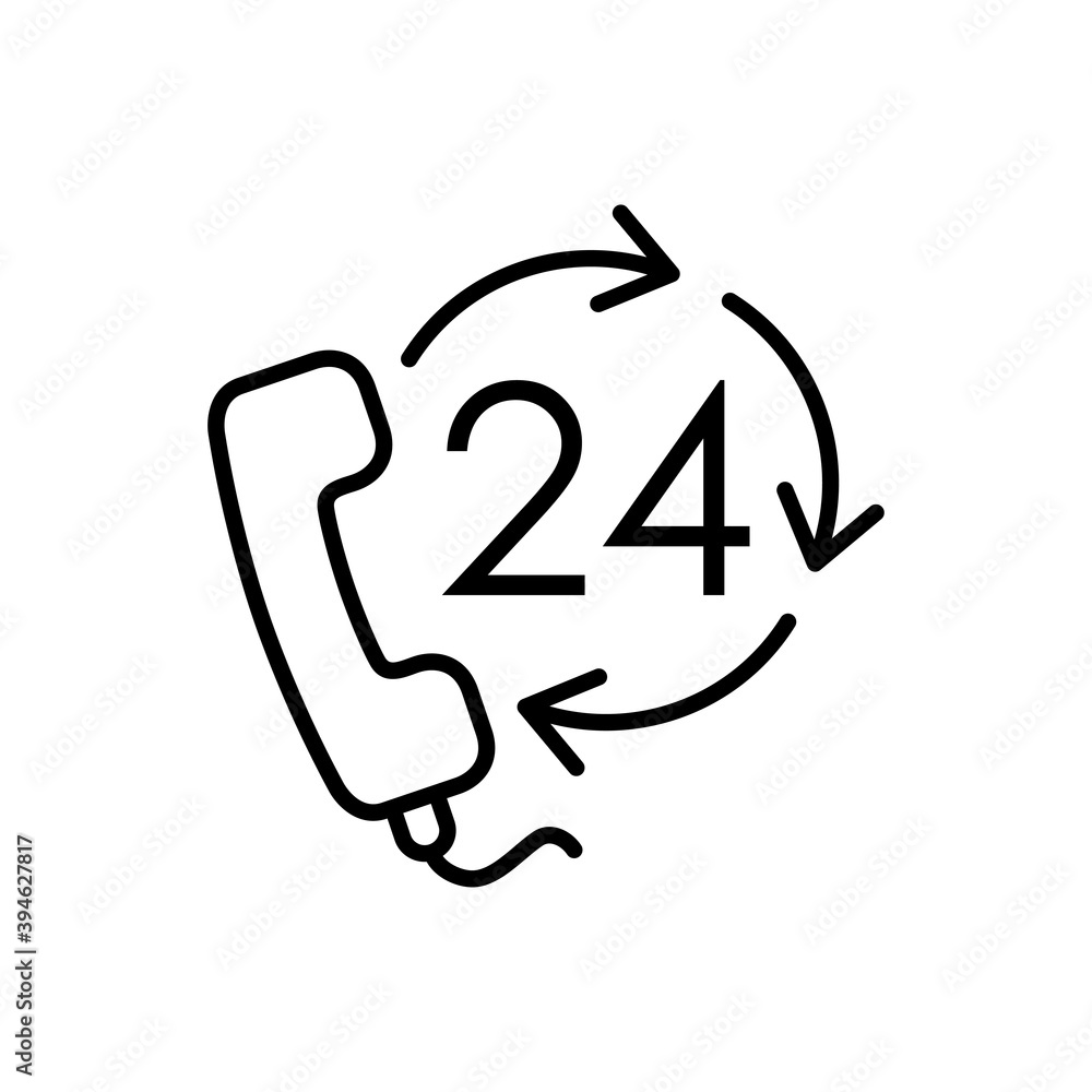 Servicio 24 horas. Icono plano auricular de teléfono con 24 y flechas girando con lineas en color negro Servicio 24 horas. Icono plano auricular de teléfono con 24 y flechas girando con lineas en color negro